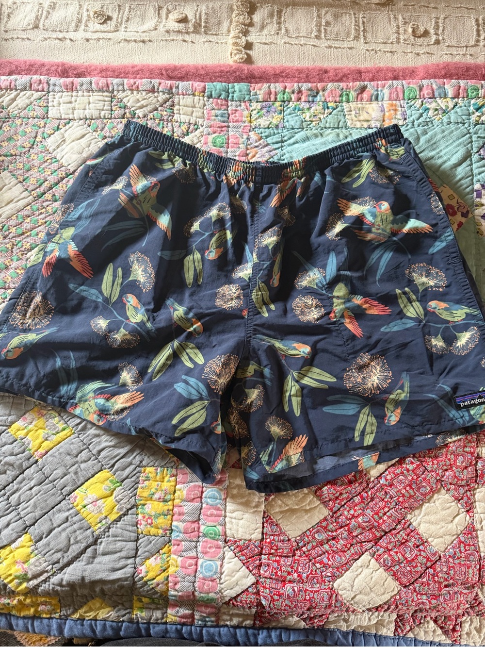 Patagonia Navy Parrot Print Men’s Elastic Waist Shorts